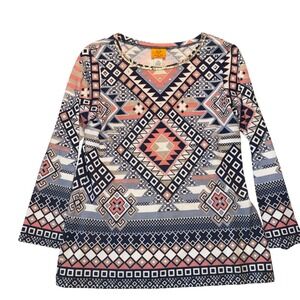 Ruby Rd Petite Aztec Print Embellished Neckline Long Sleeve Tunic‎ Top medium